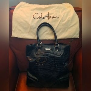 Cole Haan Black Patent Leather Alligator Punched Handbag / Tote